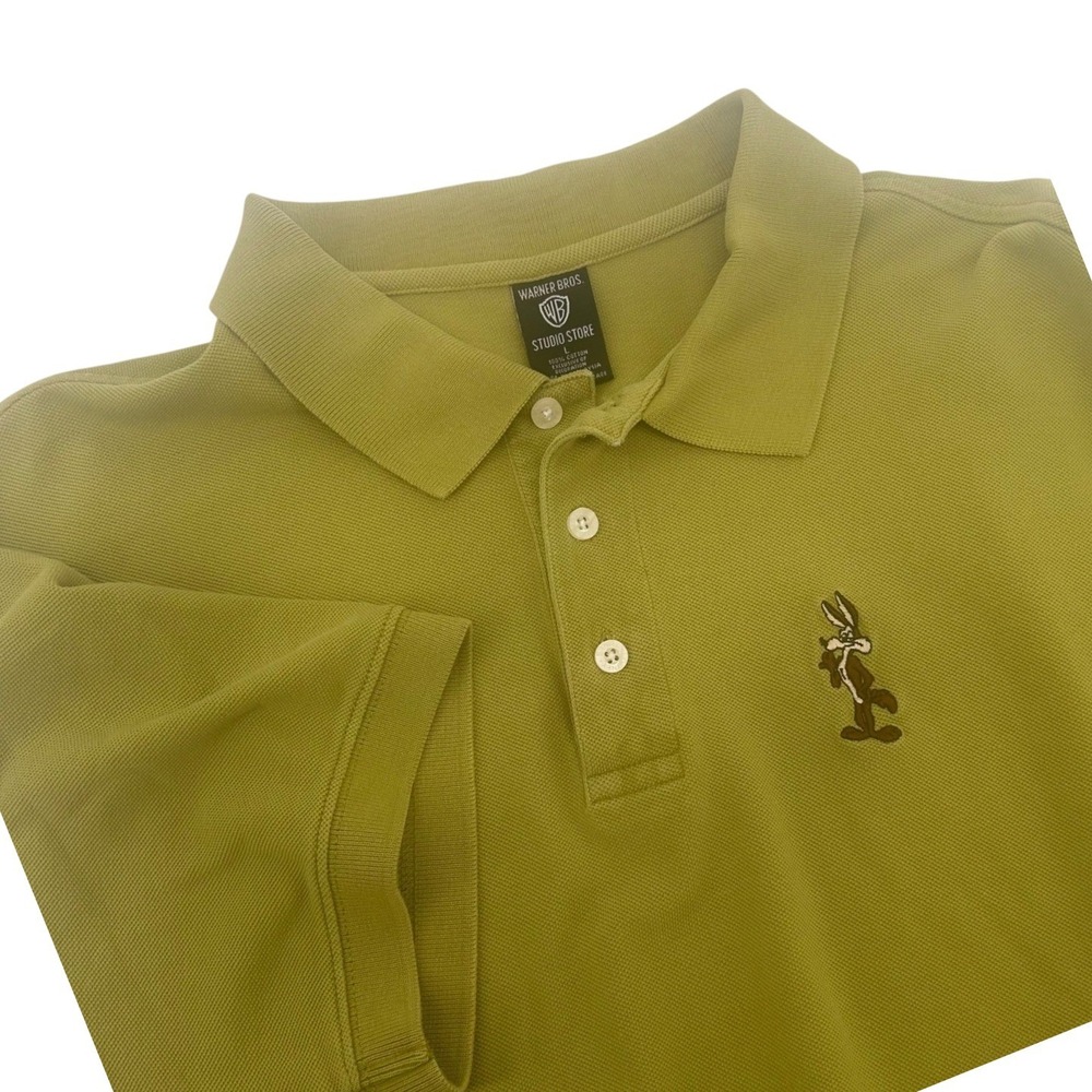 VTG Warner Bros Studio Store Polo Shirt Mens L Green Wile E Coyote Embroidered